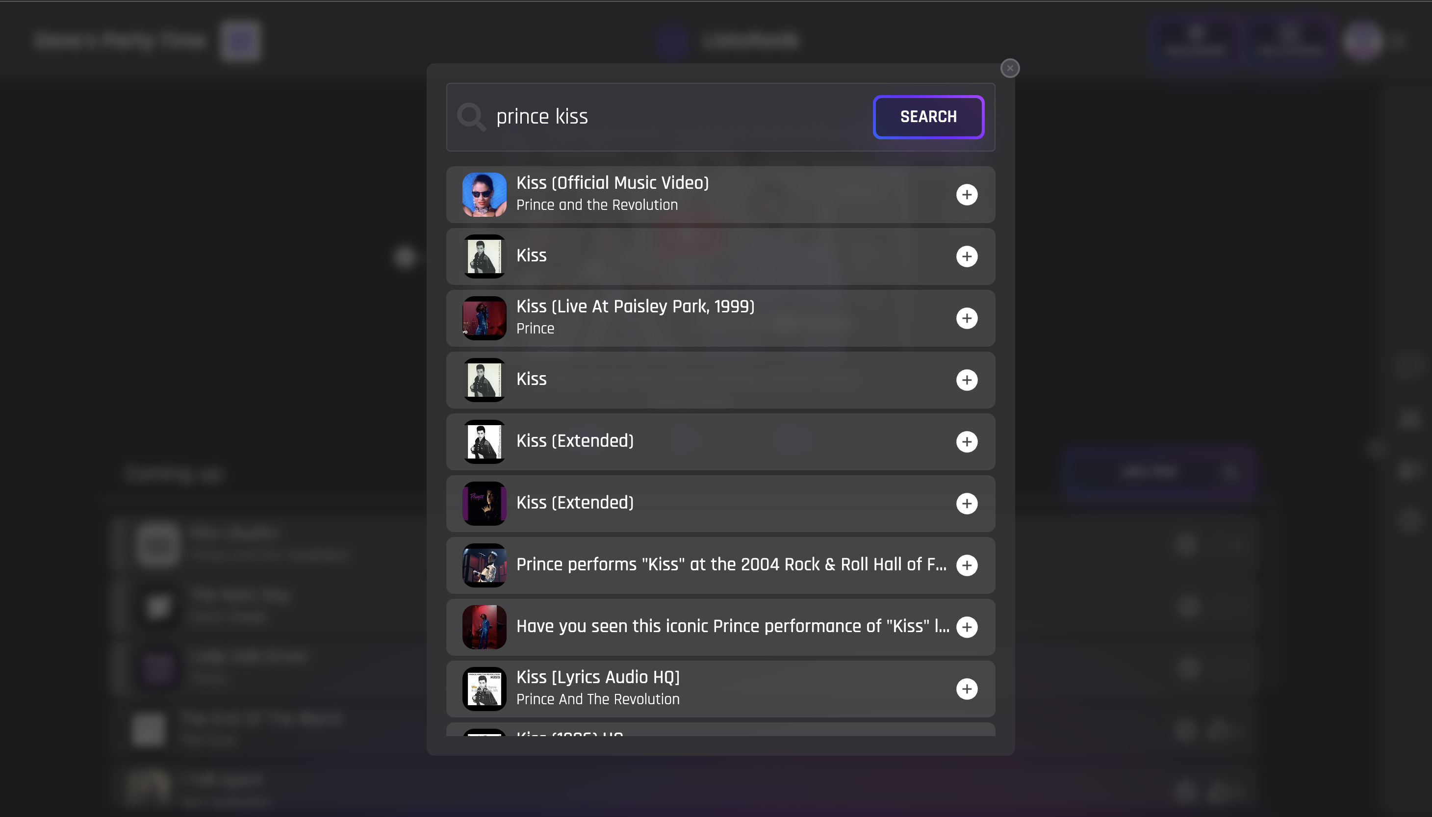 Listofonik add-song search — a search field over the session with a button to find and queue tracks.