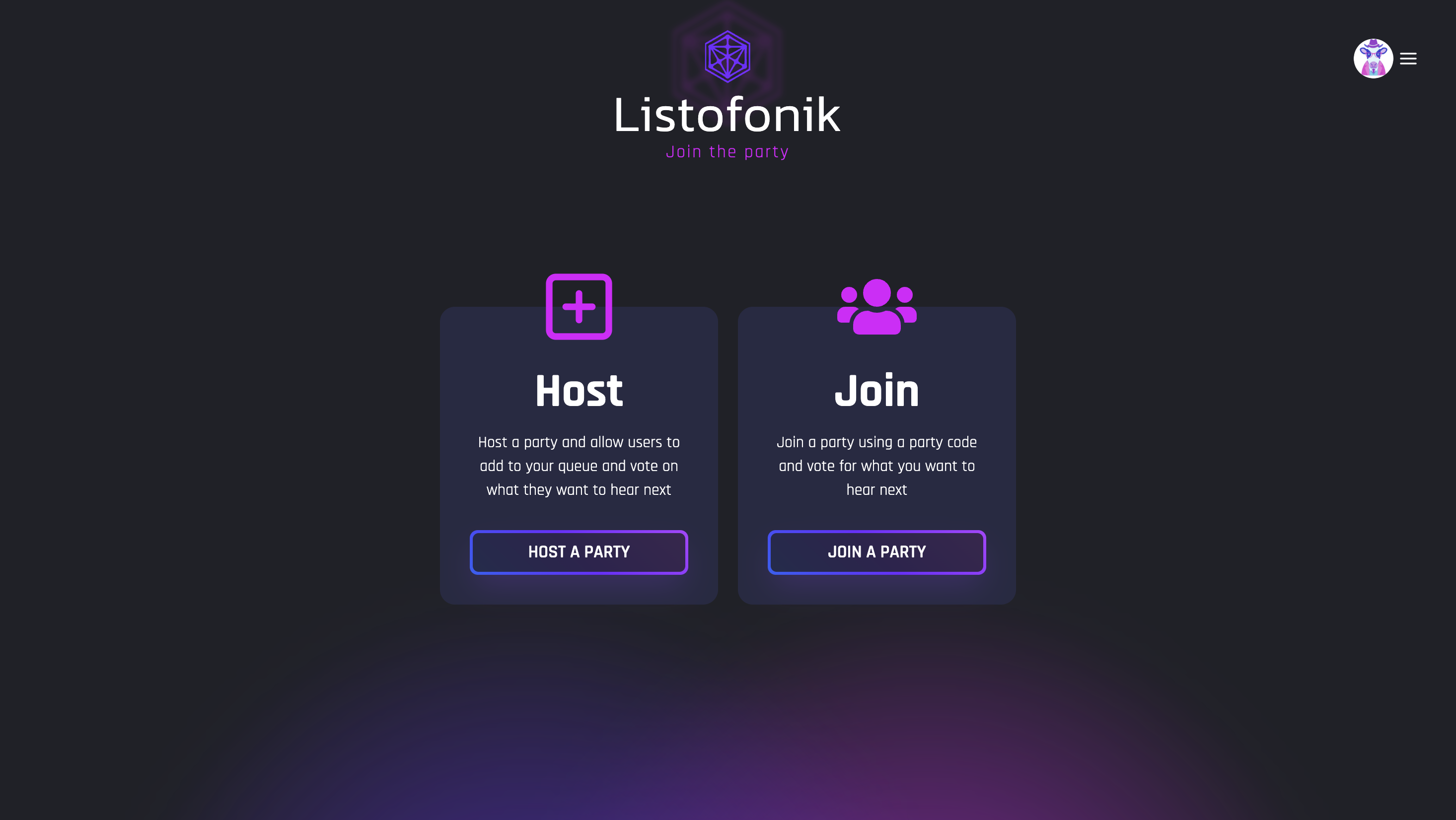Listofonik entry — the wordmark 'join the party' above a large glowing purple orbit, on near-black.