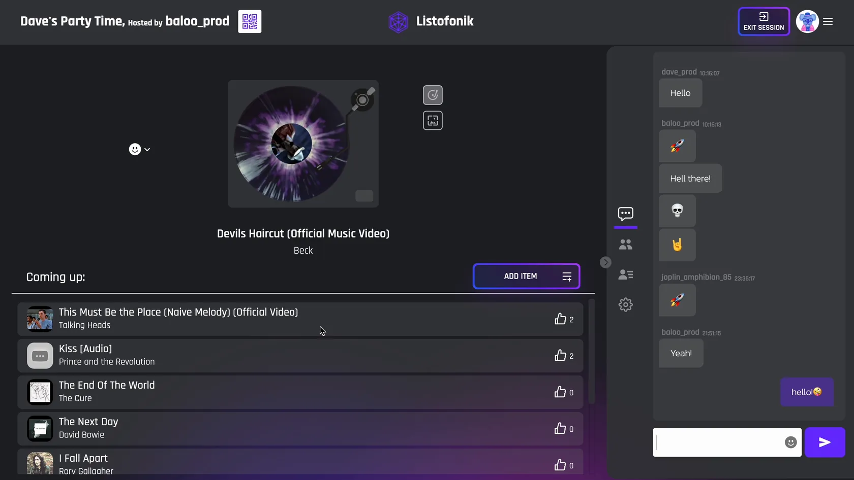 Listofonik session — a glowing purple-magenta orbit visualiser with album art, a collaborative 'Coming up' queue with upvote counts, and a live chat panel.