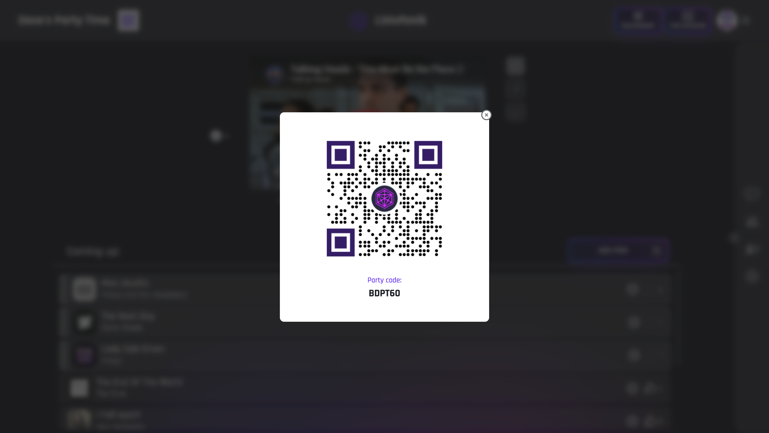 Listofonik invite — a connected-users panel with a large QR code and a short party code to join the session.