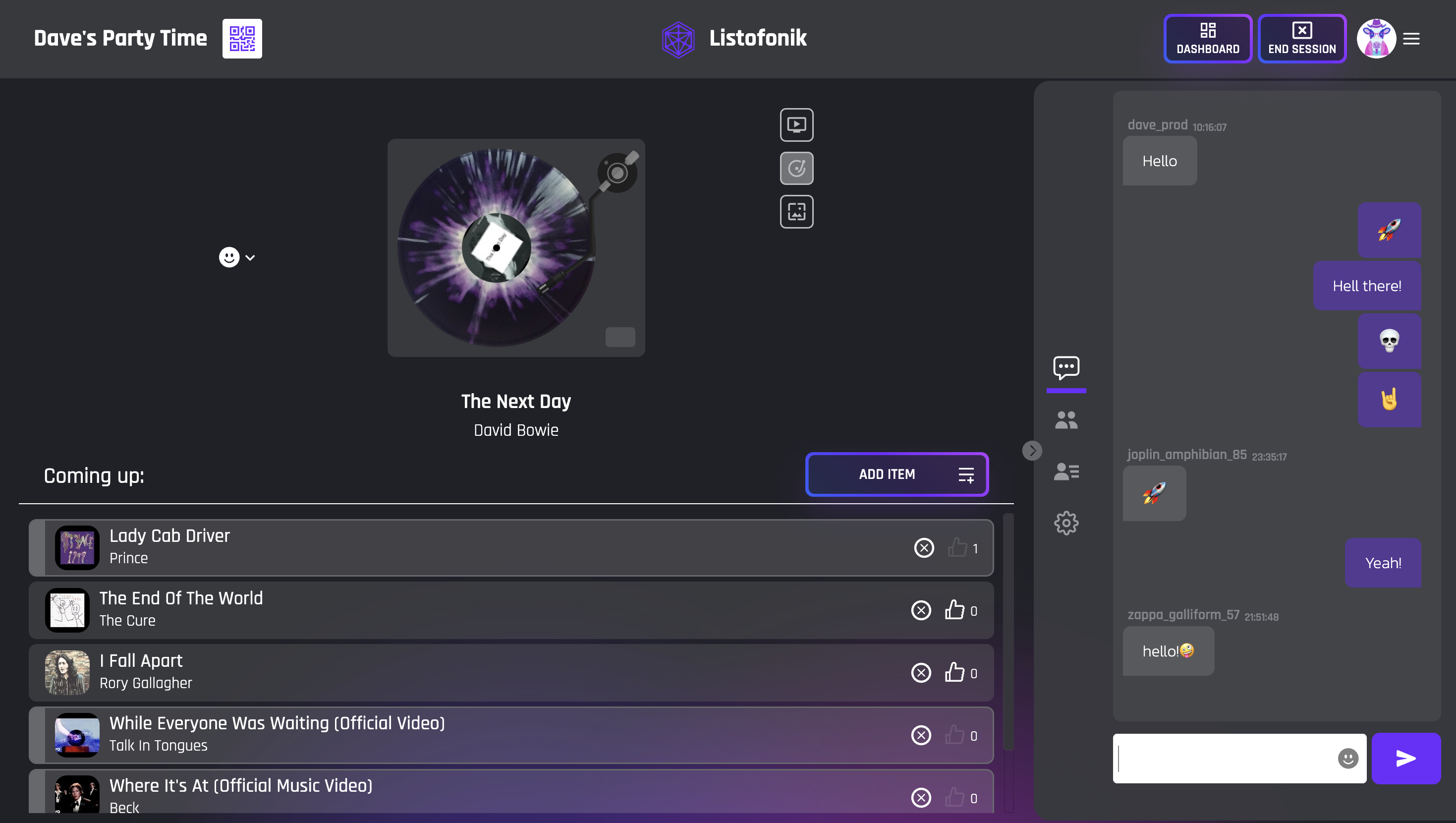 Listofonik live session — a music video now playing, the upvoted queue, and a running chat down the side.