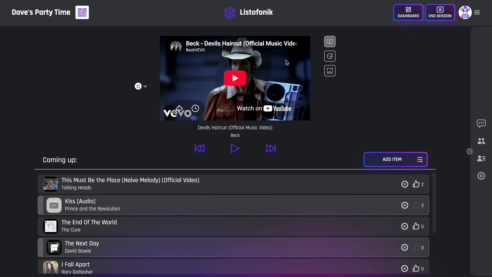 Listofonik now playing — a music video with playback controls above a 'Coming up' queue of songs with upvote counts.