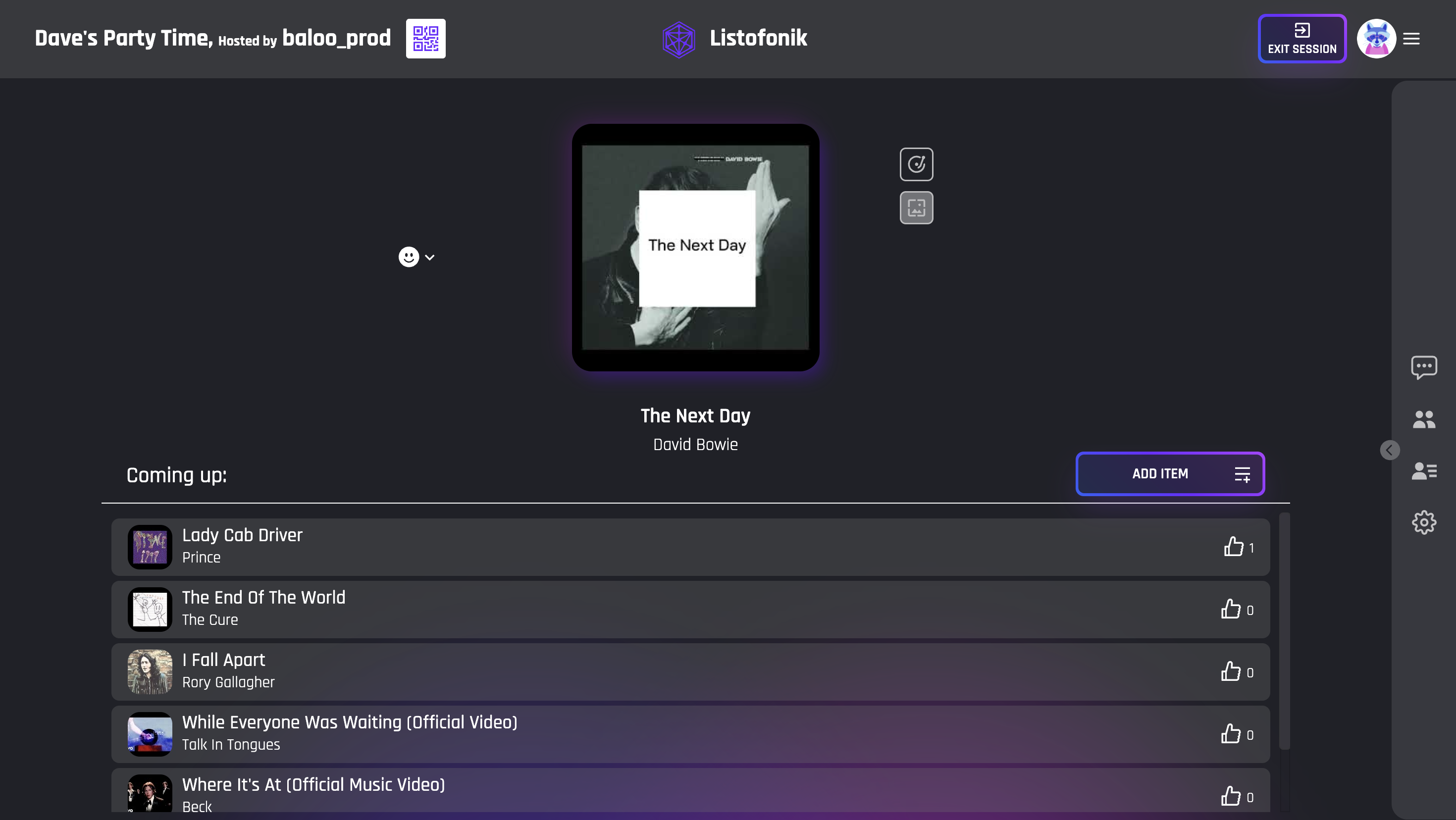 Listofonik session — the purple-magenta orbit visualiser beside a live chat panel with messages and emoji reactions.