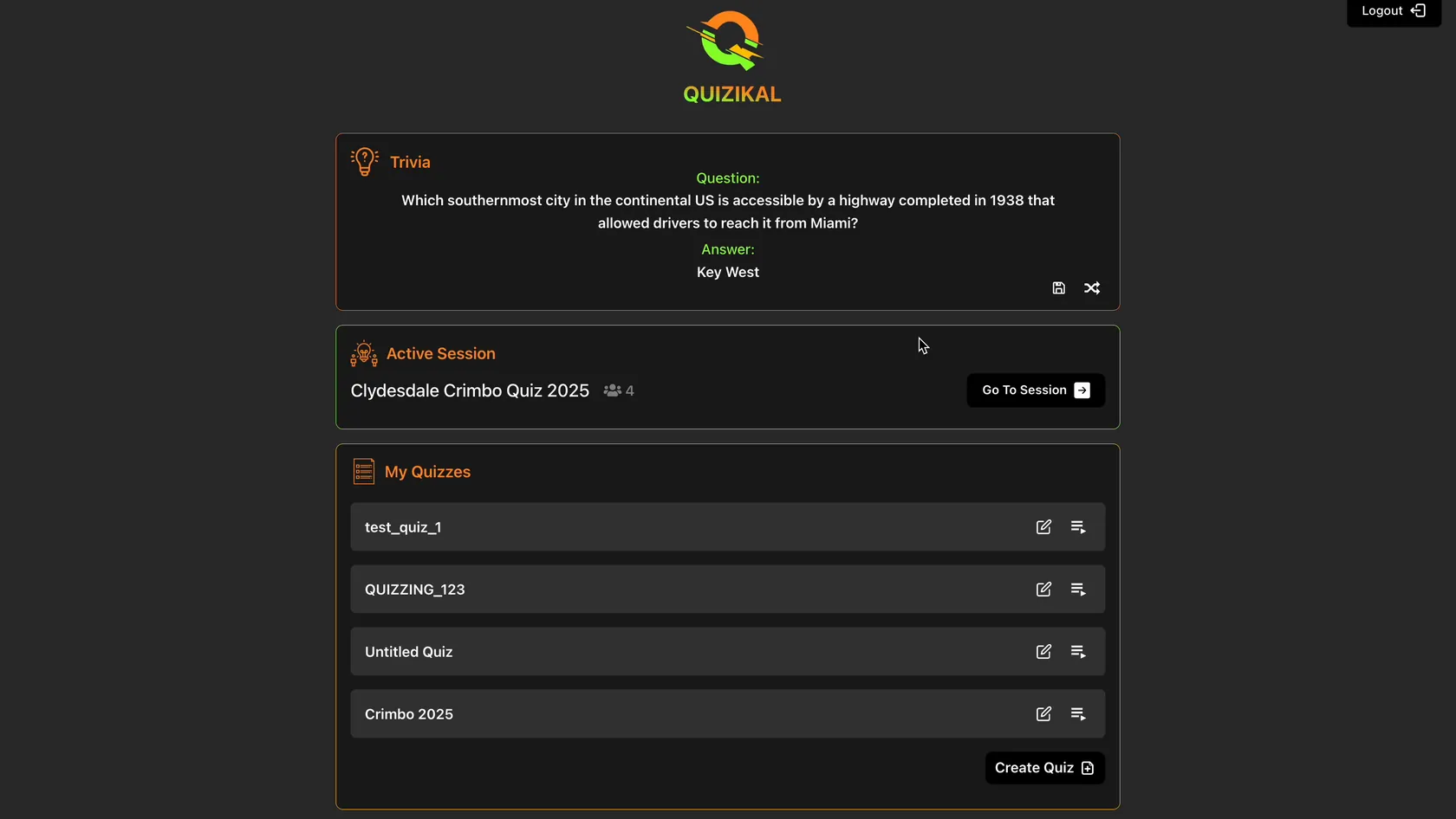 QUIZIKAL host home — a featured trivia card, an active-session panel with a live viewer count, and a list of the host's saved quizzes.