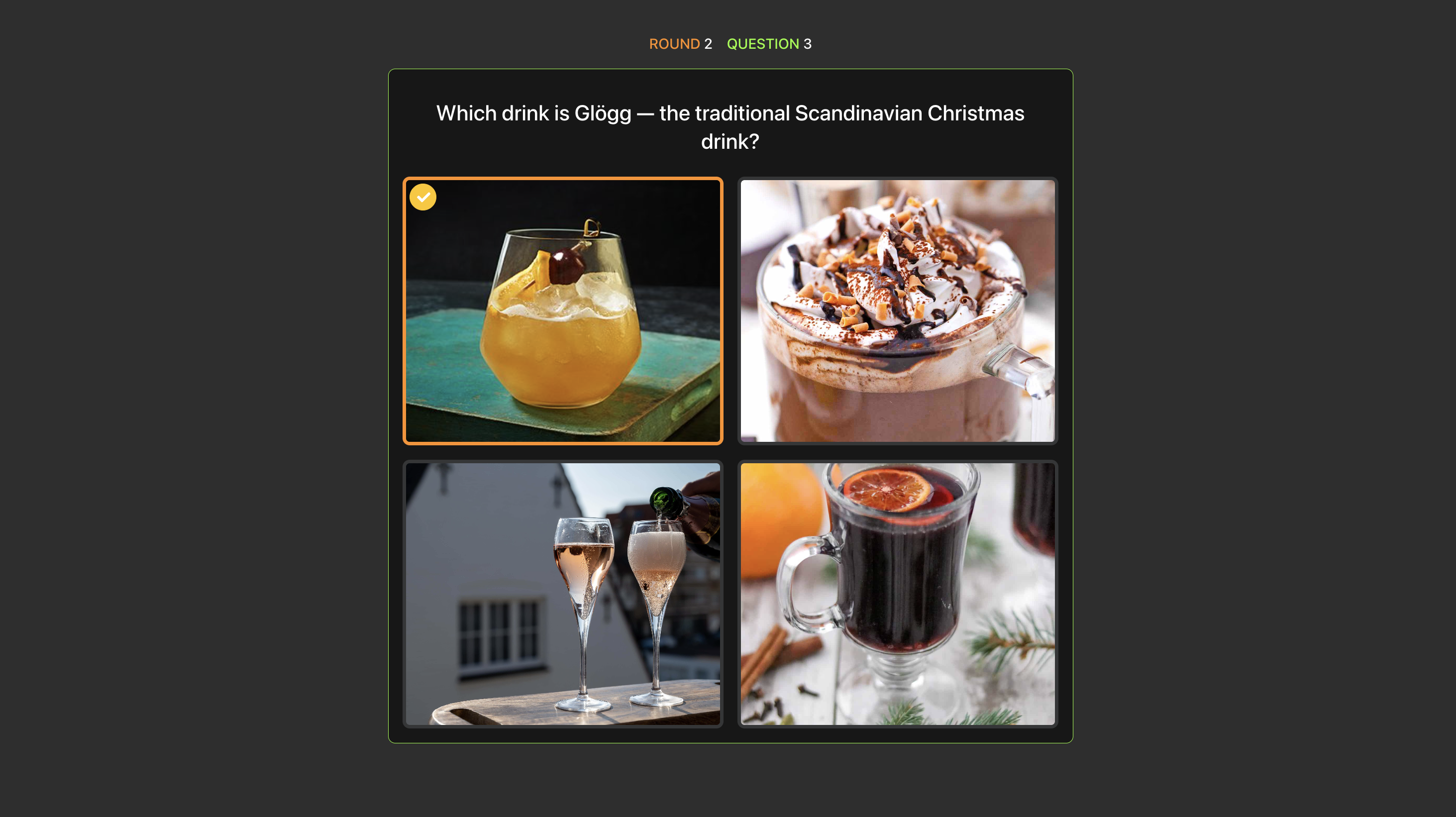 QUIZIKAL player picture round — 'Which image depicts Christmas in Madrid?' shown as four selectable image tiles, one highlighted.