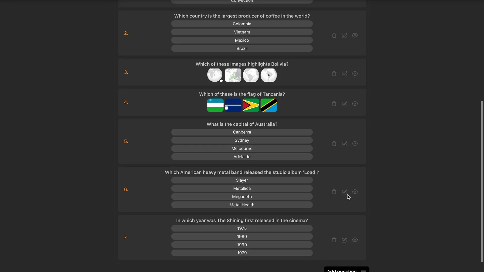 QUIZIKAL question bank — a scrollable list of quiz questions mixing text answers with image and flag options.