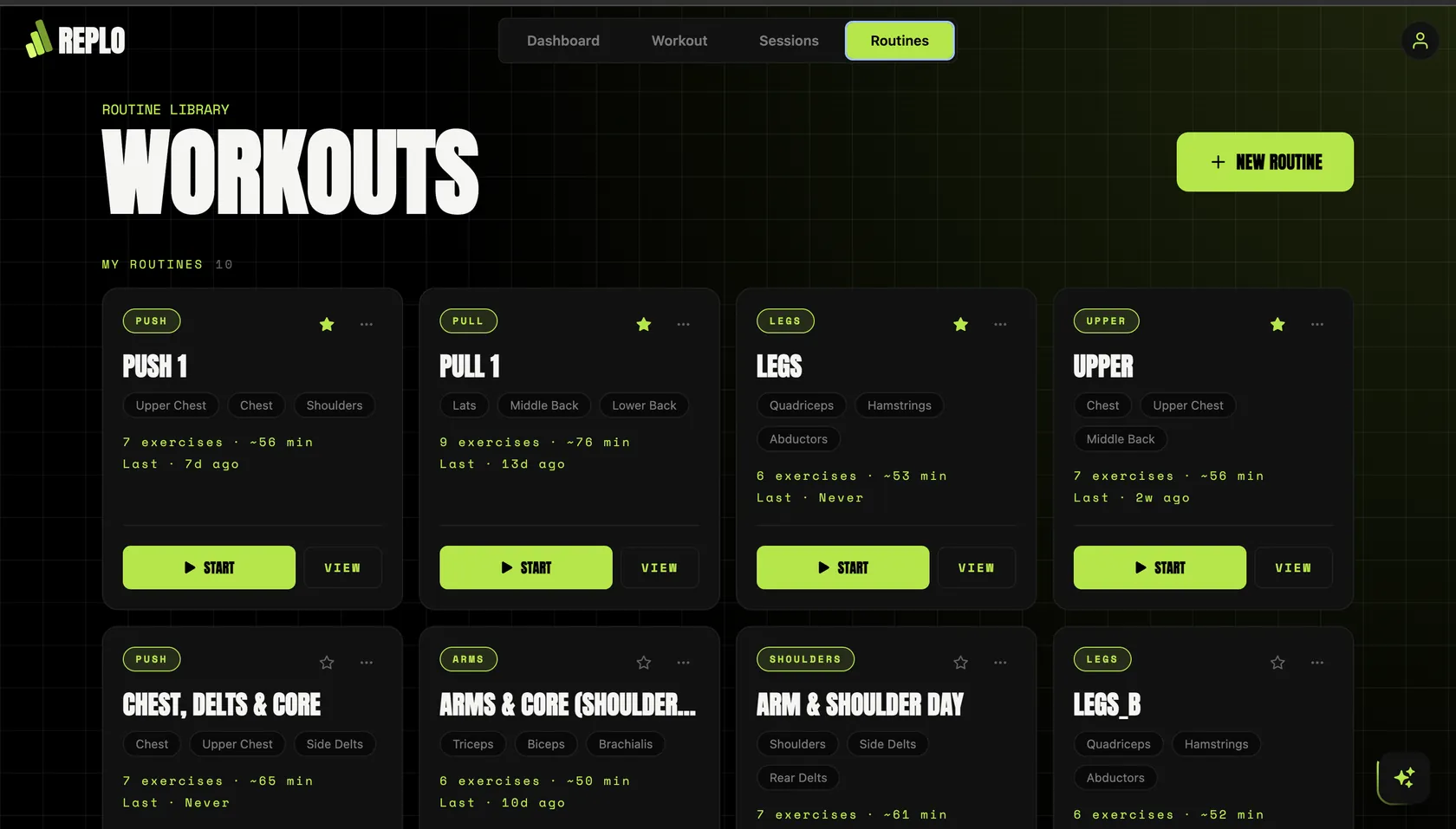 REPLO routine library — a grid of saved workout routines, each with muscle tags, exercise count, duration and start/view actions.