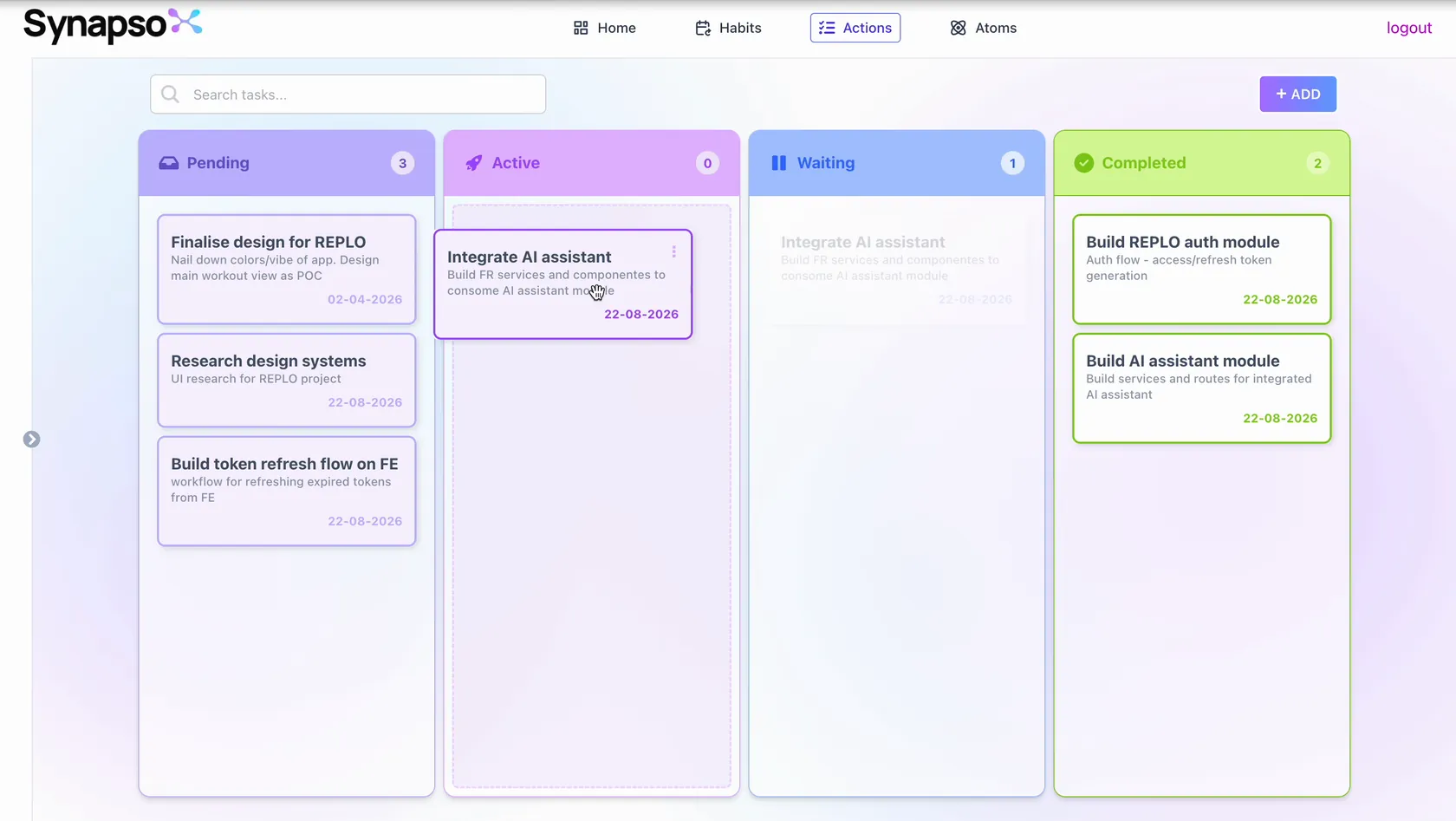 SYNAPSO actions board — a kanban with Pending, Active, Waiting and Completed columns holding task cards.