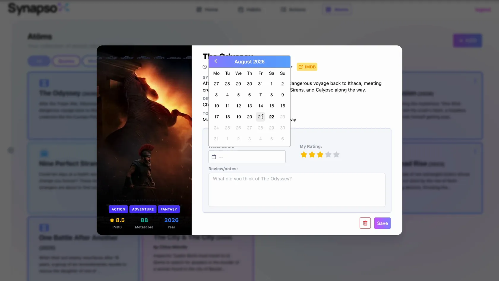 SYNAPSO atom detail — a film entry with a poster, a date picker, a star rating, a written review, genre tags and IMDB and Metascore figures.