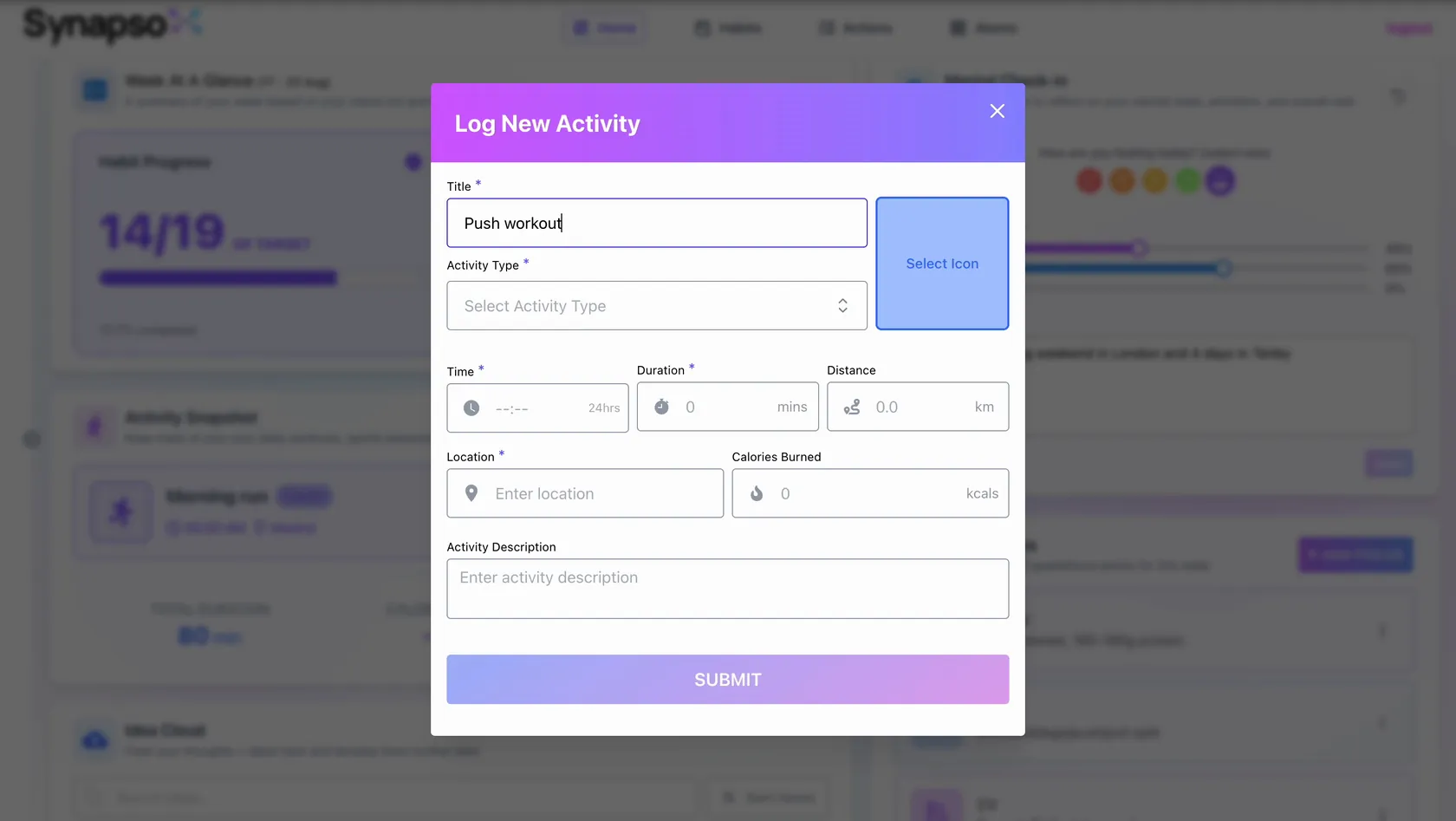 SYNAPSO log-activity modal — fields for title, activity type, a custom icon, time, duration, distance, location, calories and description.