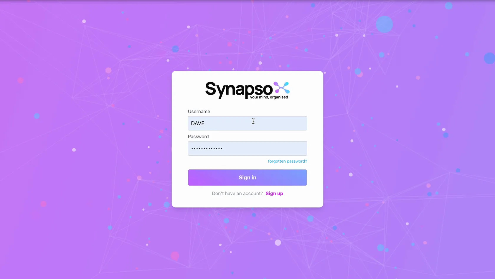 SYNAPSO sign-in — a white login card over an animated field of connected nodes, a visual pun on synapses and the product name.